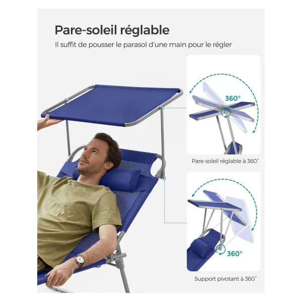 Transat Bleu Foncé avec Parasol Bain de Soleil en acier
