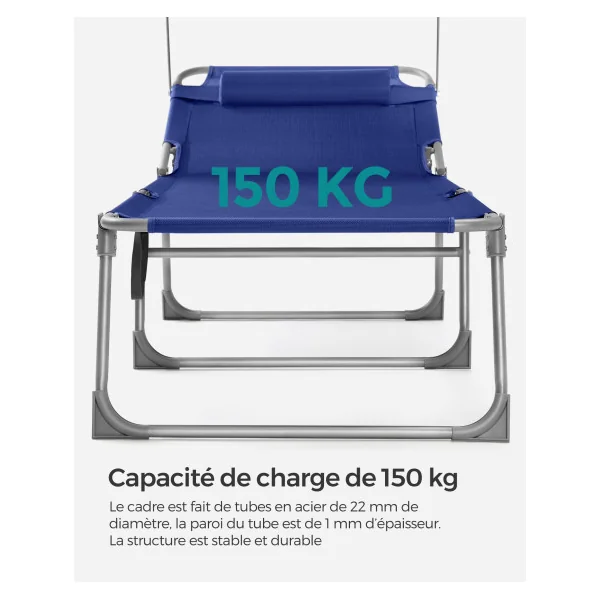 Transat Bleu Foncé avec Parasol Bain de Soleil en acier