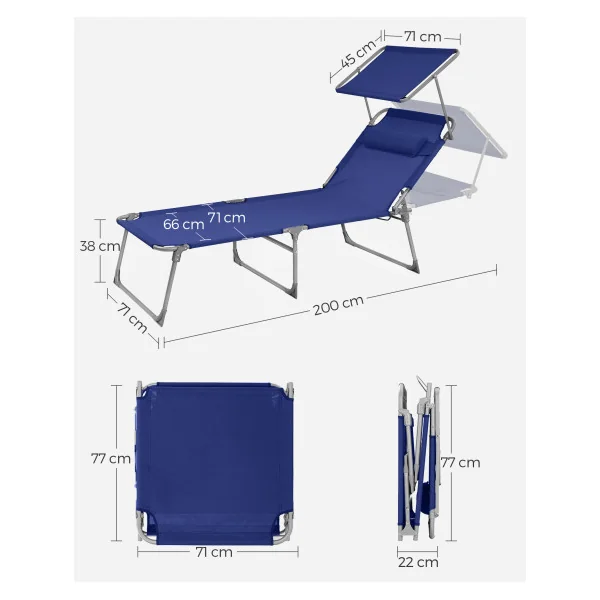 Transat Bleu Foncé avec Parasol Bain de Soleil en acier