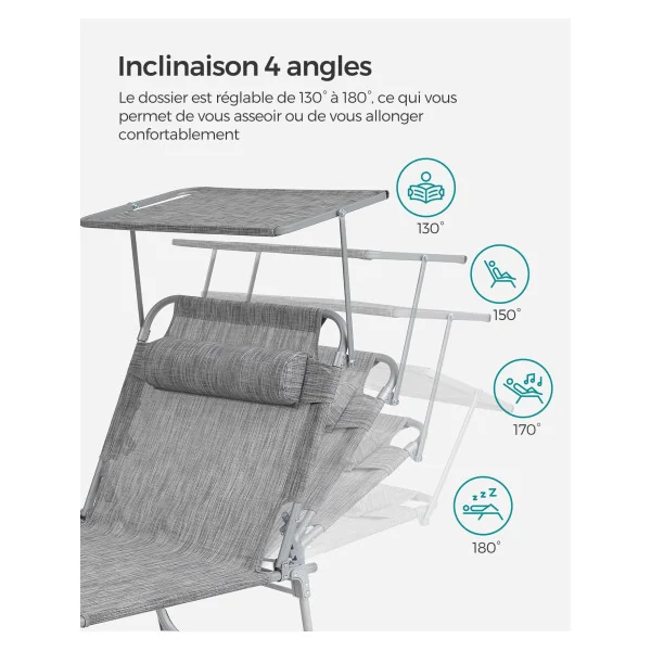 Transat de Jardin avec Parasol Bain de Soleil Pliable avec Pare-Soleil Grège