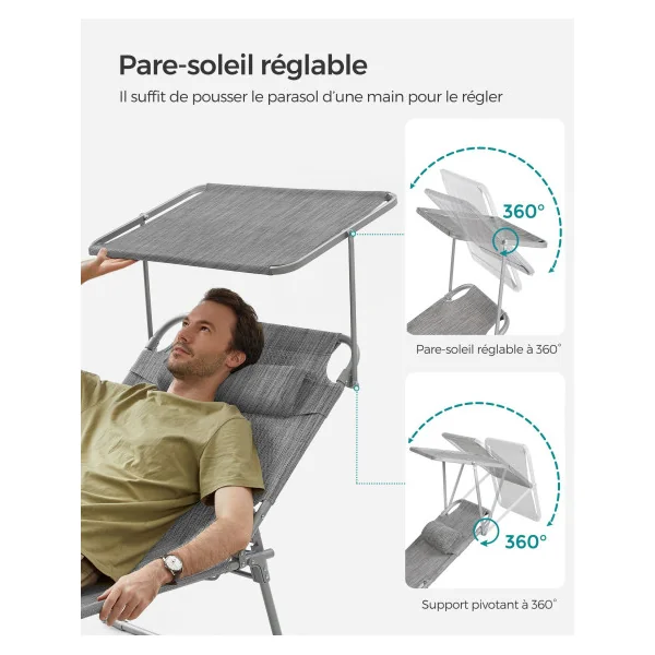 Transat de Jardin avec Parasol Bain de Soleil Pliable avec Pare-Soleil Grège