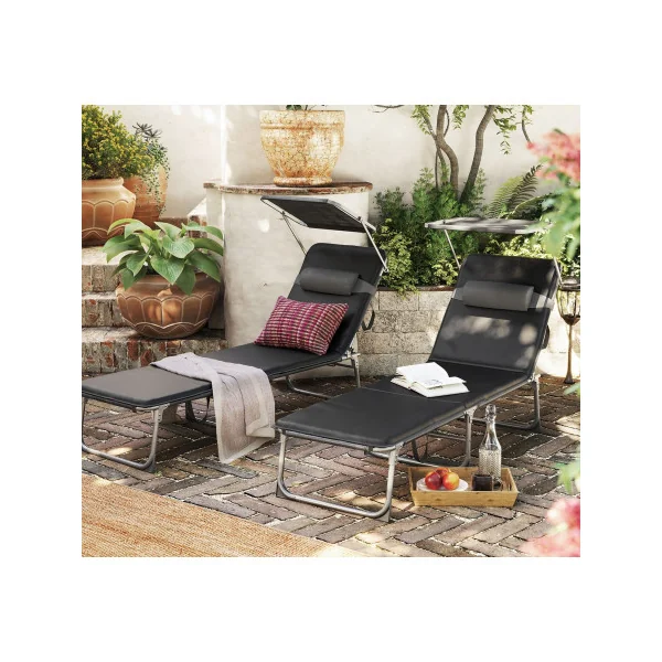 Transat de Jardin Noir Pliable Bain de Soleil avec Parasol en Acier