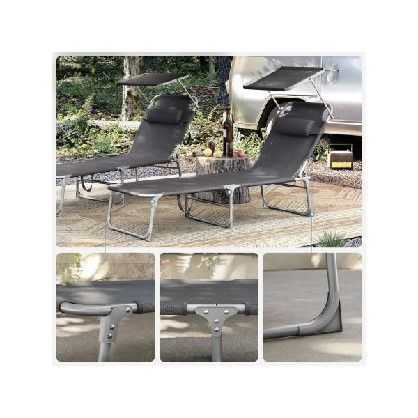 Transat de Jardin Noir Pliable Bain de Soleil avec Parasol en Acier