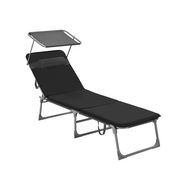 Transat de Jardin Noir Pliable Bain de Soleil avec Parasol en Acier