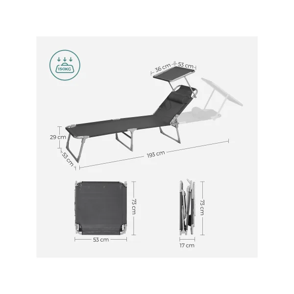 Transat de Jardin Noir Pliable Bain de Soleil avec Parasol en Acier
