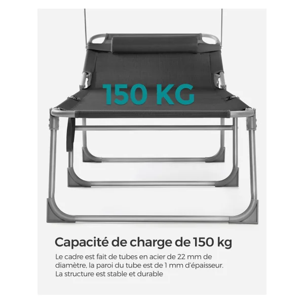 Transat Gris Anthracite avec Parasol Bain de Soleil en Acier