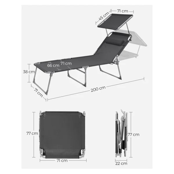 Transat Gris Anthracite avec Parasol Bain de Soleil en Acier