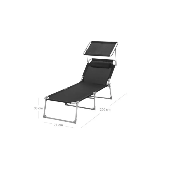 Transat Noir avec Coussin et Parasol Bain de Soleil Terrasse Jardin Plage