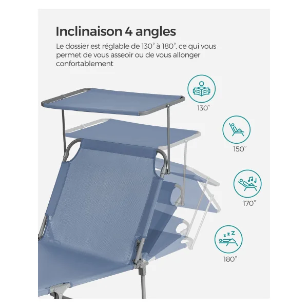 Transat Pliable Bain de Soleil avec Pare-Soleil Bleu en Acier