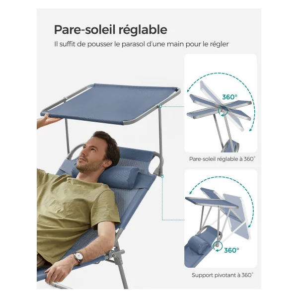 Transat Pliable Bain de Soleil avec Pare-Soleil Bleu en Acier