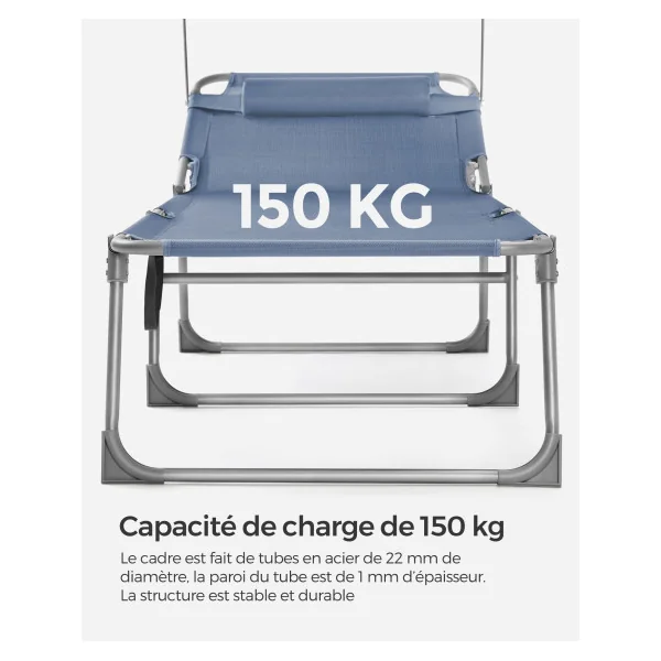 Transat Pliable Bain de Soleil avec Pare-Soleil Bleu en Acier