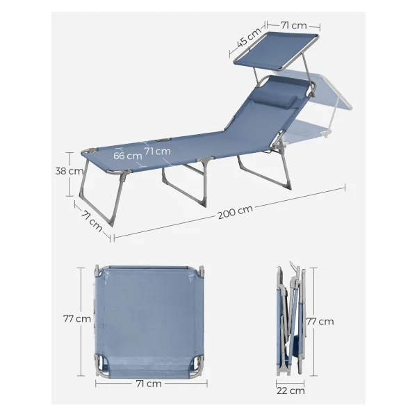 Transat Pliable Bain de Soleil avec Pare-Soleil Bleu en Acier