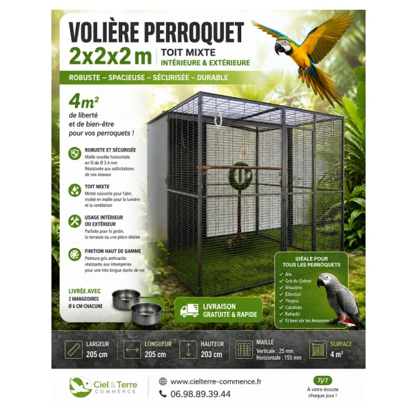 Volière Intérieure perroquet 2x2x2 m + toit mixte Volière Maille Soudée Robuste