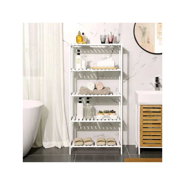 Étagère 5 Niveaux Bambou Blanc Étagère Salle de Bain
