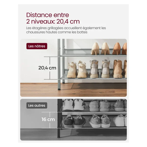 Étagère Chaussure Meuble d'Entrée 5 Niveaux avec Etagères Grillagées Réglables Métal Noir et Argent