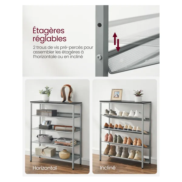 Étagère Chaussure Meuble d'Entrée 5 Niveaux avec Etagères Grillagées Réglables Métal Noir et Argent