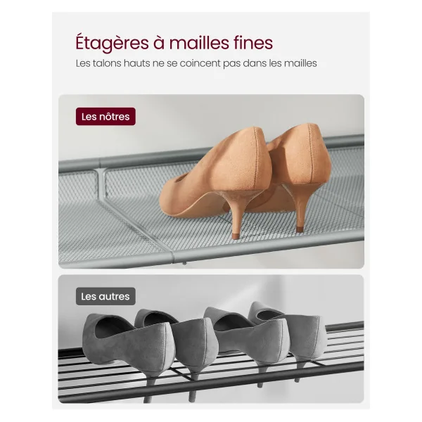 Étagère Chaussure Meuble d'Entrée 5 Niveaux avec Etagères Grillagées Réglables Métal Noir et Argent