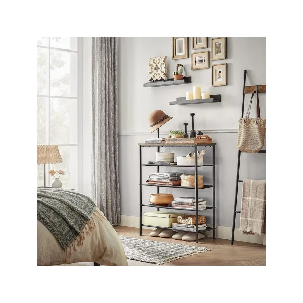Étagère Chaussures 4 Niveaux Marron Rustique et Acier Noir Etagère de Rangement