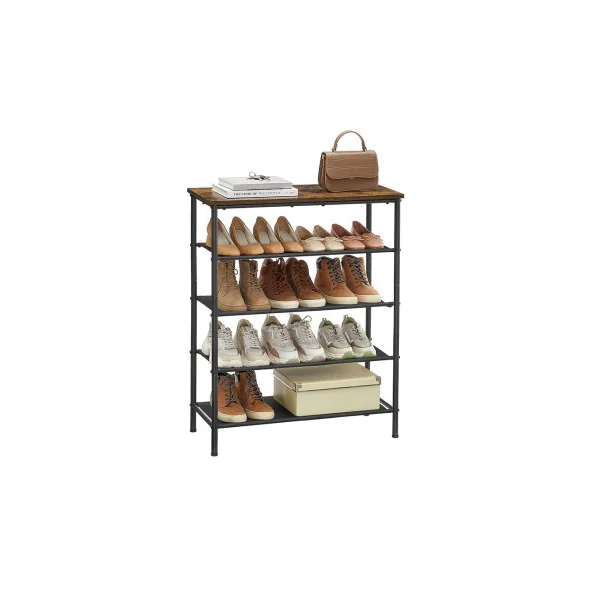 Étagère Chaussures 4 Niveaux Marron Rustique et Acier Noir Etagère de Rangement