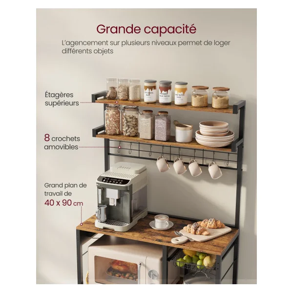 Étagère Cuisine Support pour Micro-Ondes avec Multiprise 8 Crochets Marron Rustique Noir
