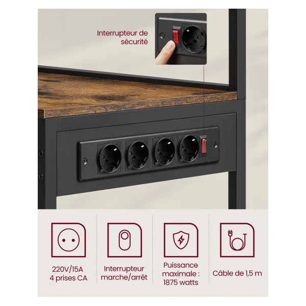 Étagère Cuisine Support pour Micro-Ondes avec Multiprise 8 Crochets Marron Rustique Noir