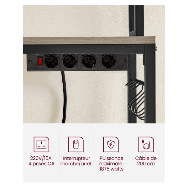 Étagère de Cuisine 80x40x170 cm avec Multiprise Support pour Micro-Ondes Étagère de Rangement Grège Noir