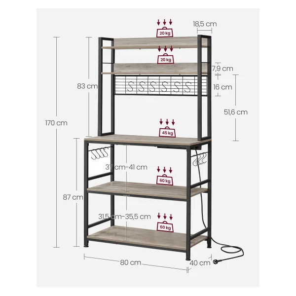 Étagère de Cuisine 80x40x170 cm avec Multiprise Support pour Micro-Ondes Étagère de Rangement Grège Noir
