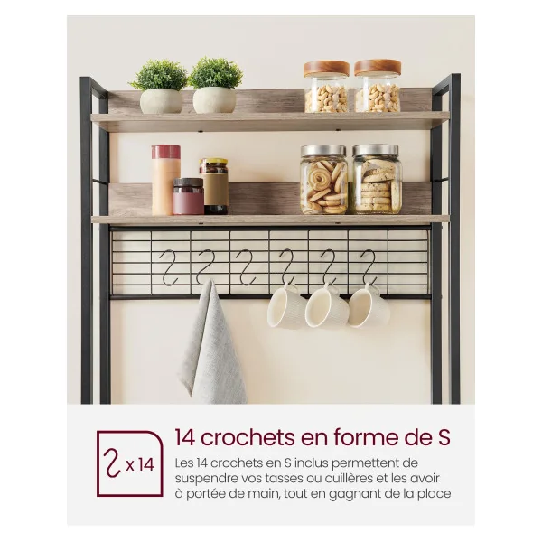 Étagère de Cuisine 80x40x170 cm avec Multiprise Support pour Micro-Ondes Étagère de Rangement Grège Noir