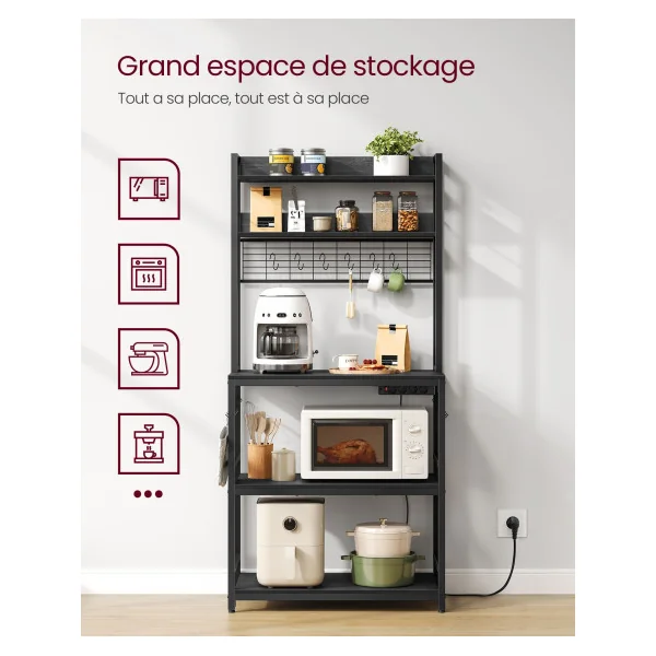 Étagère de Cuisine avec Multiprise 80x40x170 cm Support pour Micro-Ondes Étagère de Rangement Anthracite et Noir
