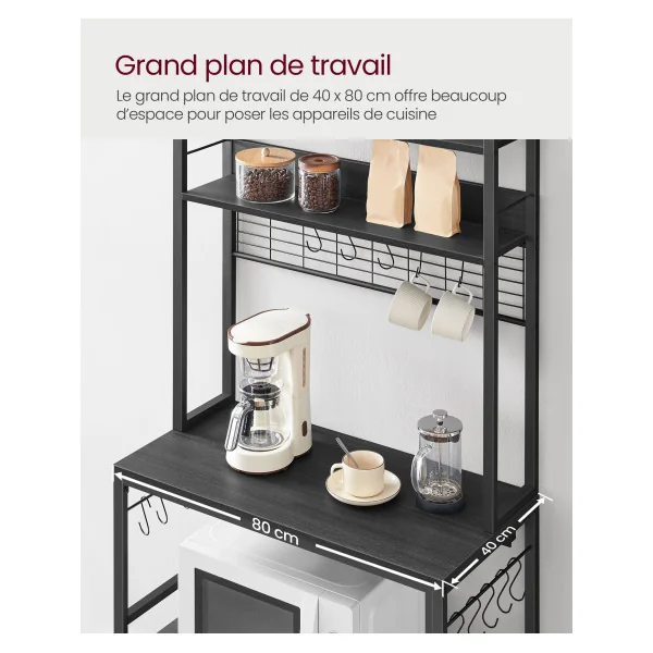 Étagère de Cuisine avec Multiprise 80x40x170 cm Support pour Micro-Ondes Étagère de Rangement Anthracite et Noir