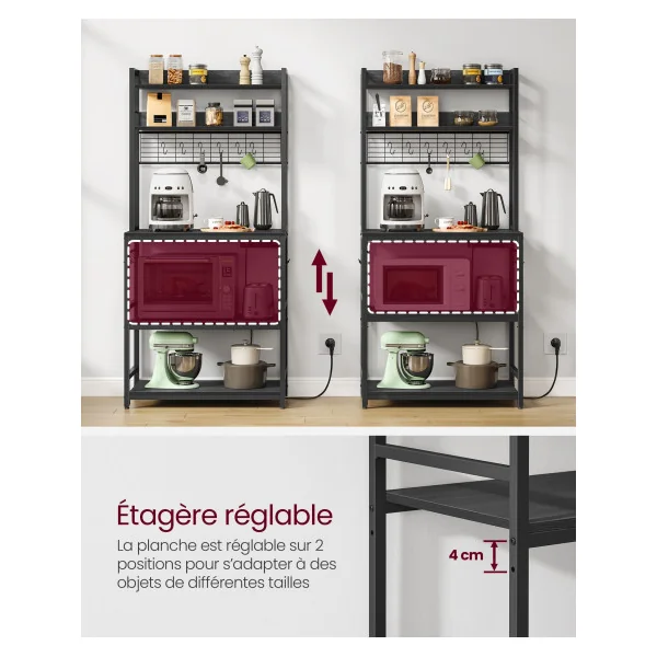 Étagère de Cuisine avec Multiprise 80x40x170 cm Support pour Micro-Ondes Étagère de Rangement Anthracite et Noir