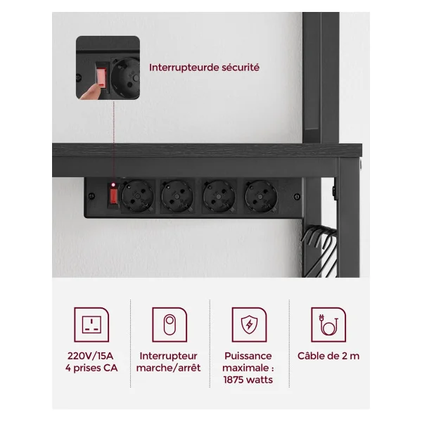Étagère de Cuisine avec Multiprise 80x40x170 cm Support pour Micro-Ondes Étagère de Rangement Anthracite et Noir
