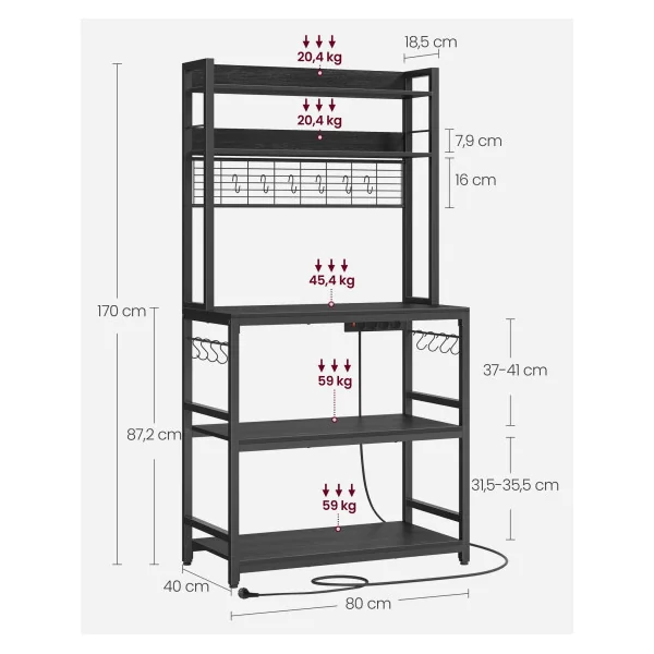 Étagère de Cuisine avec Multiprise 80x40x170 cm Support pour Micro-Ondes Étagère de Rangement Anthracite et Noir