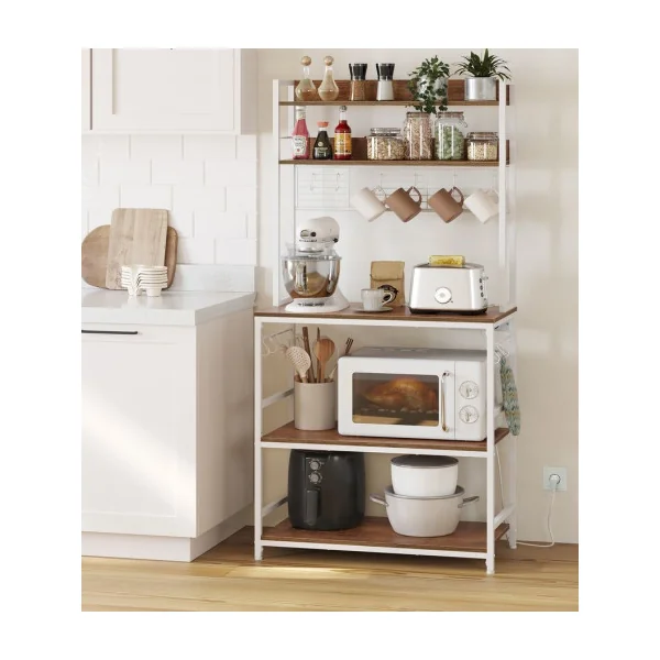 Étagère de Cuisine avec Multiprise 80x40x170 cm Support pour Micro-Ondes Étagère de Rangement Marron Rustique et Blanc