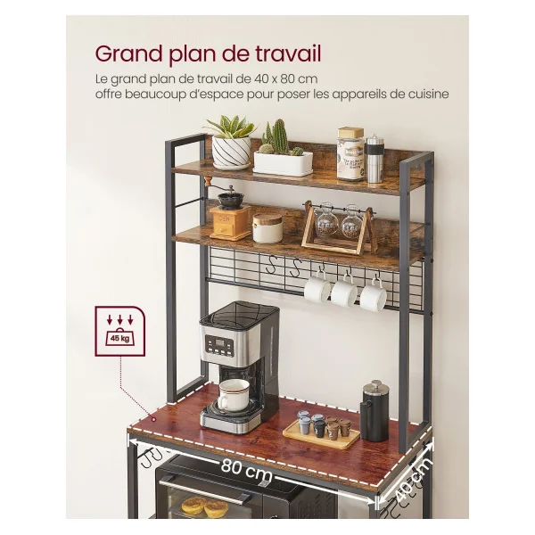 Étagère de Cuisine avec Multiprise 80x40x170 cm Support pour Micro-Ondes Étagère de Rangement Marron Rustique Noir