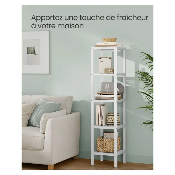 Étagère de Rangement Multifonctionnelle Étagère Salle de Bain 5 niveaux en Bambou Blanc