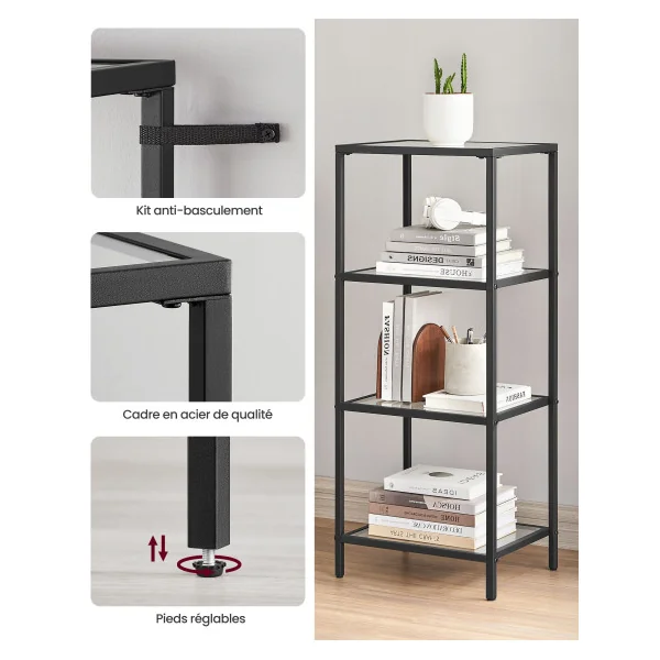Étagère de Rangement Étagère 4 Niveaux en Verre Trempé et Acier Noir
