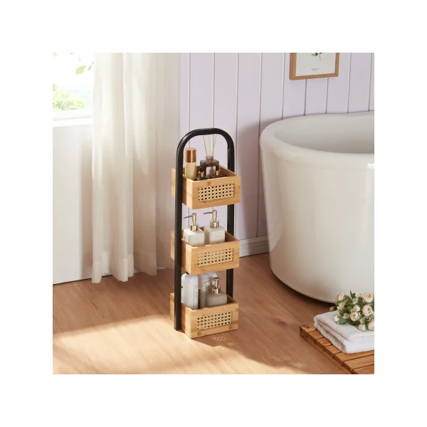 Étagère de Salle de Bain en Bambou et Acier 23 x 18,5 x 73 cm