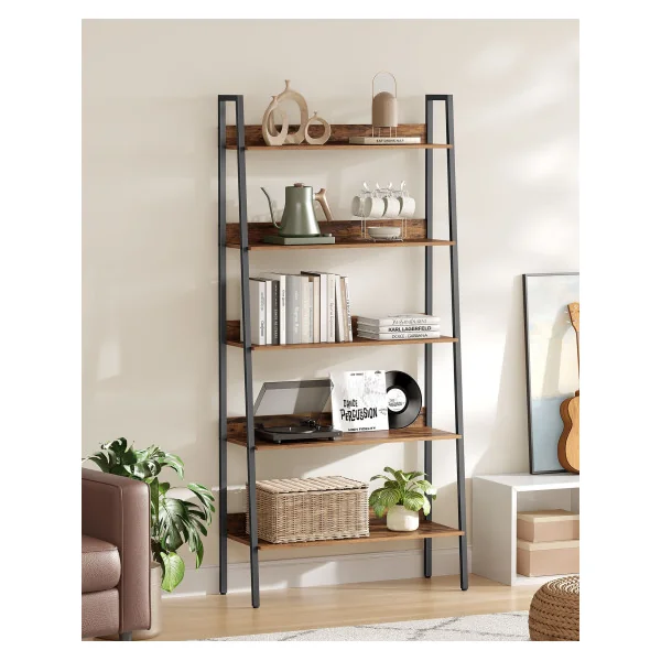 Étagère Echelle 5 niveaux Marron Rustique et Noir Meuble de Rangement Salon Chambre