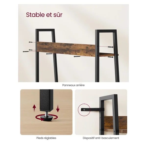 Étagère Echelle 5 niveaux Marron Rustique et Noir Meuble de Rangement Salon Chambre