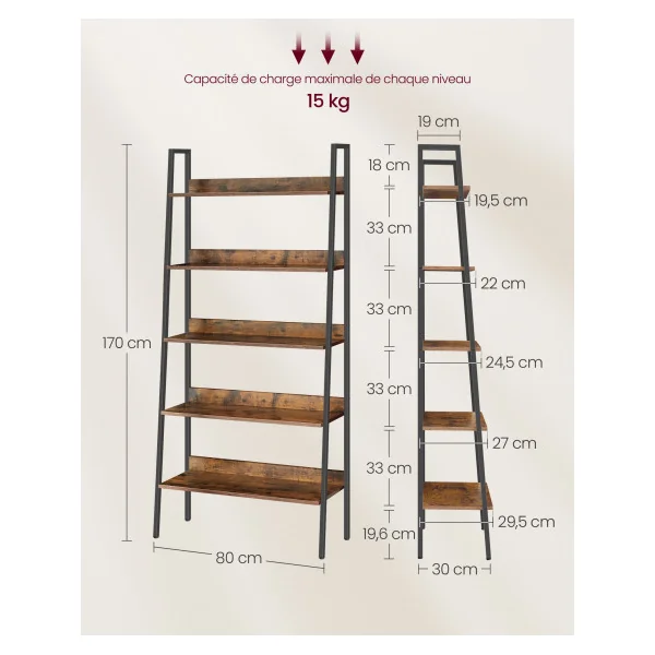 Étagère Echelle 5 niveaux Marron Rustique et Noir Meuble de Rangement Salon Chambre
