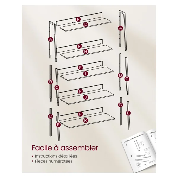 Étagère Echelle 5 niveaux Marron Rustique et Noir Meuble de Rangement Salon Chambre