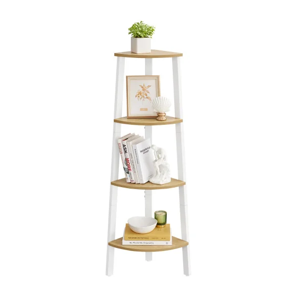 Étagère Echelle d'Angle 4 niveaux Chêne et Blanc Meuble de Rangement