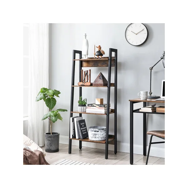 Étagère Echelle Industriel 4 Niveaux Marron Rustique Noir
