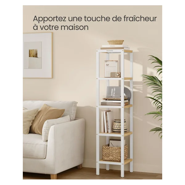 Étagère en Acier Plateaux Bambou 5 Niveaux Rangement Salle de Bain Acier Blanc