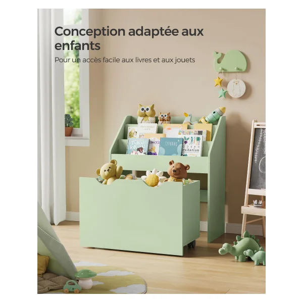 Étagère Enfant Jouets Bibliothèque Enfant 3 Compartiments Vert Boîte à Jouets Mobile
