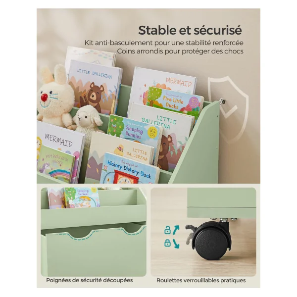 Étagère Enfant Jouets Bibliothèque Enfant 3 Compartiments Vert Boîte à Jouets Mobile