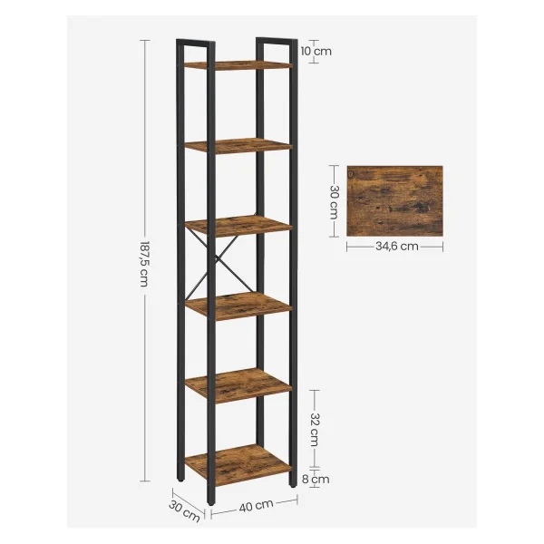 Étagère Livres Meuble de Rangement Ouvert Bibliothèque 6 Niveaux Marron Rustique et Noir