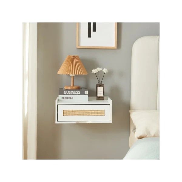 Étagère Murale 40 x 30 x 17 cm avec Tiroir Table Chevet Suspendu Table de Nuit Blanc Rotin