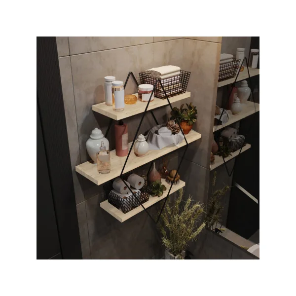 Étagère Murale 60 x 15 x 65 cm 3 Niveaux Métal Noir Tablettes Pin Massif